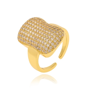Elegant gold plated rectangular ring with pavé clear zircons and adjustable open band