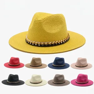 Handmade Paper Straw Panama Hat For Men Women Summer Beach Wide Brim Fedora Hat With Metal Chain Decoration Jazz Sun Hat