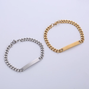 Minimalist stainless steel Cuban link ID bracelet with blank engraving bar in gold and silver