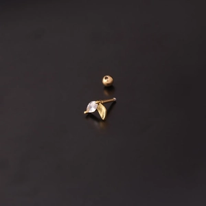 Golden leaf cartilage piercing with sparkling zircon stones and round ball screw back