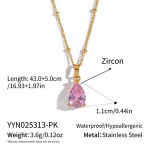 Detail view of pink zircon teardrop necklace in stainless steel with size and weight specs