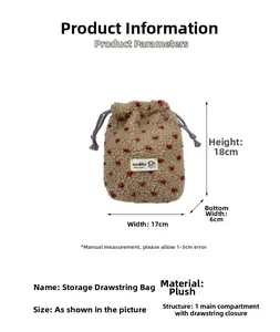 Soft fleece drawstring pouch with red heart patterns and 18x17x6cm size detail