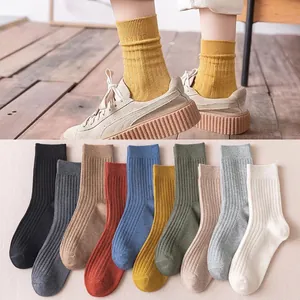 Vertical ribbed cotton mid-calf socks in ten vintage colors for casual daily wear