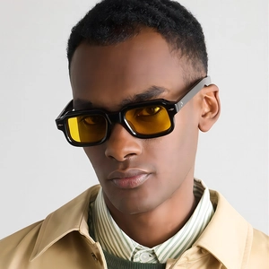 Trendy retro square arrow sunglasses with black acetate frame and yellow lenses for unisex