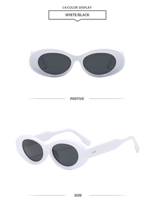 Front and side view of white oval sunglasses with silver diamond rivets on the frames