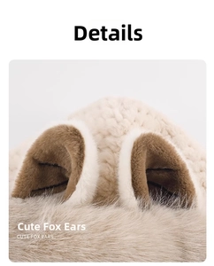 Close-up of plush faux fur fox ears detail on the winter hood showing soft texture