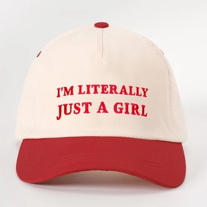 Close-up of I'M LITERALLY JUST A GIRL embroidery on contrast baseball cap