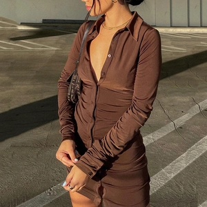 Slim fit dark brown ruched shirt dress with long sleeves and lapel collar design