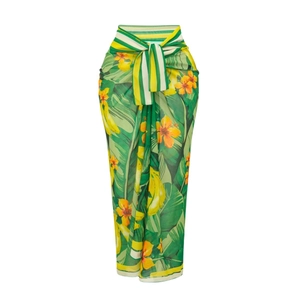 Close-up of tropical palm leaf print sarong with striped tie-waist detail