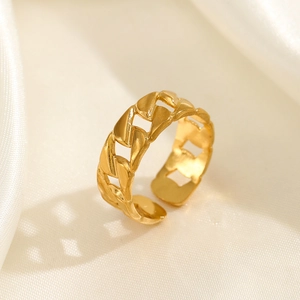 Cuban Chain Link Ring Stainless Steel 18K Gold Plated Adjustable Open Design Minimalist Elegant Jewelry For Women