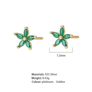 925 silver flower stud earrings with green marquise stones and gold plating