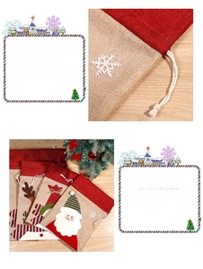 Detail of Christmas snowman and reindeer burlap gift bags with drawstring closure