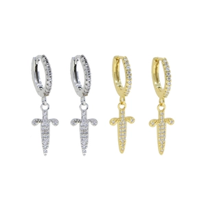 Hip hop style cross sword dangle earrings with cubic zirconia in gold and silver finish