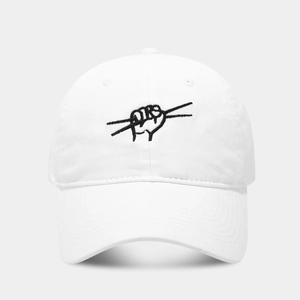 Minimalist white cotton baseball cap with black hip-hop drum gesture embroidery