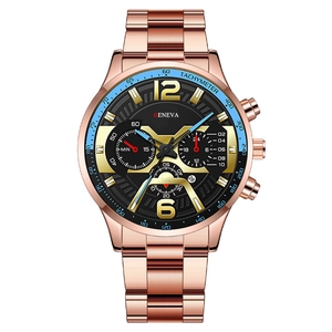 Montre à quartz pour hommes en or rose avec cadran noir et lunette bleue tachymètre