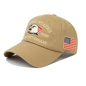 Detail of khaki cotton baseball cap with eagle embroidery and US 250th anniversary patches