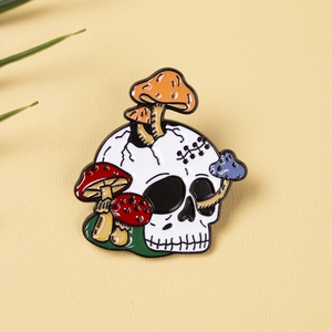 Gothic punk skull enamel brooch with colorful mushrooms for clothes and bag accessories