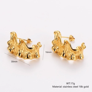Elegant 18k gold plated stainless steel earrings with textured wave design and 17g weight