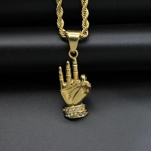 Hip Hop Hand Gesture Pendant Necklace 316 Stainless Steel 18K Gold Plated Rhinestone Fashion Jewelry