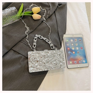 Silver textured acrylic box bag detail with metallic finish and chunky chain strap