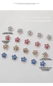 Detailed macro view of 3.5x3mm mini metal flower nail charms in four metallic colors