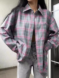Plaid Shirt Women Long Sleeve Loose Fit Vintage Checkered Blouse Polyester Cotton Casual Button Down Tops