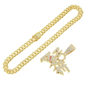 Hip hop gold Cuban chain necklace featuring iced-out NO LOVE heart letter pendant