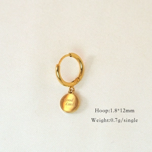 Detail of 14K gold stainless steel hoop earring with engraved Good Luck charm and dimensions