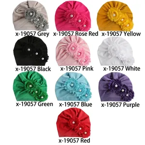 Baby-Turban-Mützen mit 3D-Sonnenblumen und Perlen in 10 Farben, Modell x-19057