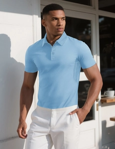 Detail of light blue short sleeve polo shirt with classic collar and ribbed texture