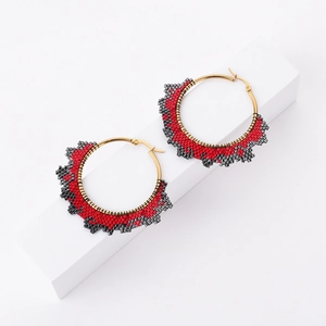 Bohemian Miyuki seed bead hoop earrings with red and black floral patterns in gold frame