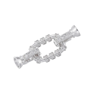Macro detail of silver-plated connector clasp with micro-set cubic zirconia stones