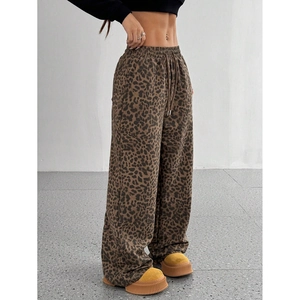 Classic leopard print wide-leg trousers with drawstring waist and loose casual fit