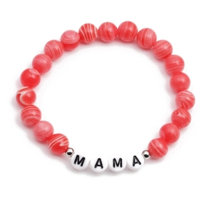 Minimalist red beaded MAMA bracelet for women with marble texture beads and silver spacers