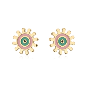 Macro view of 18K gold plated sun-shaped stud earrings with pink and green enamel detail