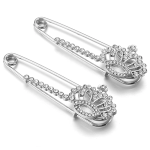 Set of two silver crown brooches with sparkling crystal rhinestones for clothing decor