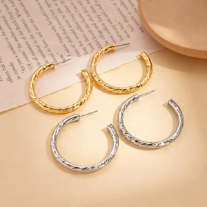 Minimalist geometric C-shaped textured earrings in gold and silver finish for women