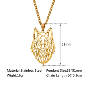 Golden stainless steel wolf head pendant necklace with geometric cutout design for men