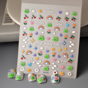 Cute Cartoon Frog Nail Art Stickers Embossed Relief Self Adhesive Waterproof Rainbow Cherry Patterns Decor For Women Girls