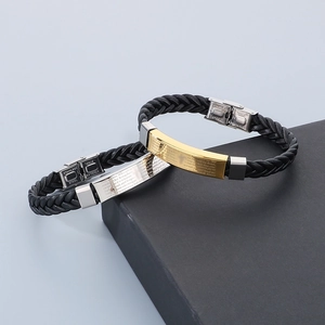 Braided black leather bracelets with gold and silver stainless steel scripture plates