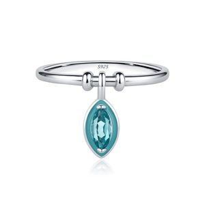 Elegant S925 silver ring featuring a mint green geometric marquise diamond pendant on white