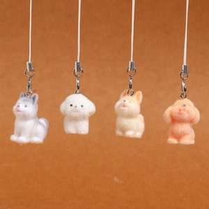 Flocked resin puppy charms in four colors for phone and bag decoration with metal clasps
