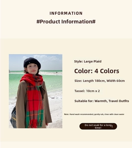 Detail of red plaid scarf with tassels showing 180x60cm dimensions and 4 color options