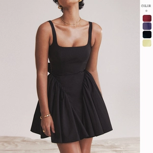 Französisch Quadratischer Ausschnitt Rückenfreies Minikleid Einfarbig Ärmellos Große Schleife Plissiert A-Linie Elegant Damen