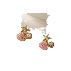 Asymmetric ocean style starfish and pink shell stud earrings with pearls and gems