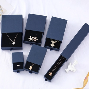 Dark blue drawer jewelry gift box set for rings and necklaces with ribbon pull