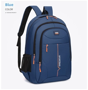 Detail of blue waterproof backpack featuring orange zippers and side mesh bottle pocket