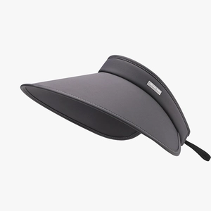 Dark grey ice silk sun hat with wide brim, adjustable strap, and metal logo accent