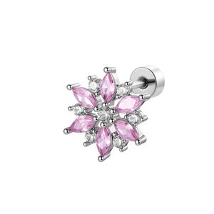 Silver snowflake ear stud with pink marquise zircon stones on white background