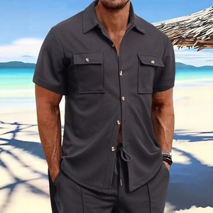 Men's dark gray waffle knit short sleeve shirt and trousers set for summer beach wear